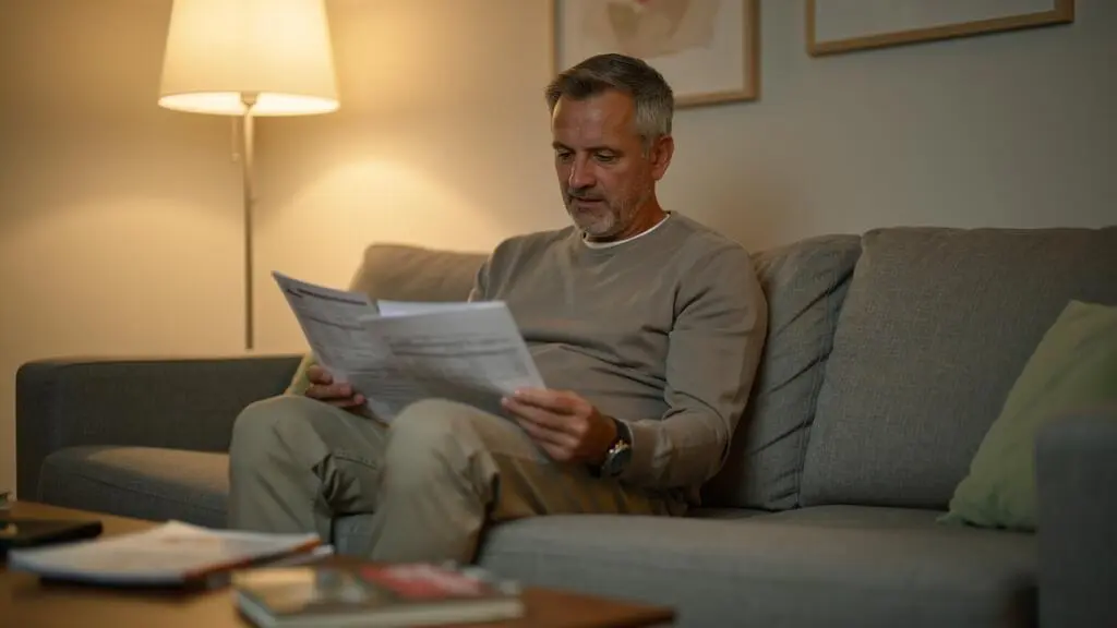 Homme dans la cinquantaine assis dans son canapé, consultant calmement ses relevés bancaires papier