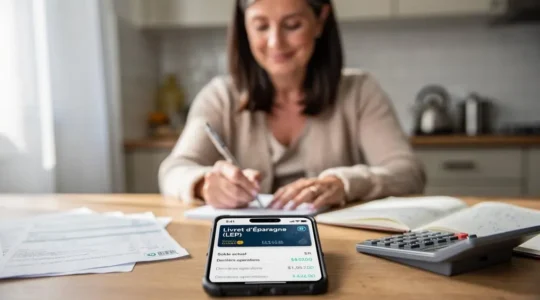 Femme dans la quarantaine assise à sa table de cuisine, gérant son budget personnel avec calculette, carnet de comptes et relevés bancaires