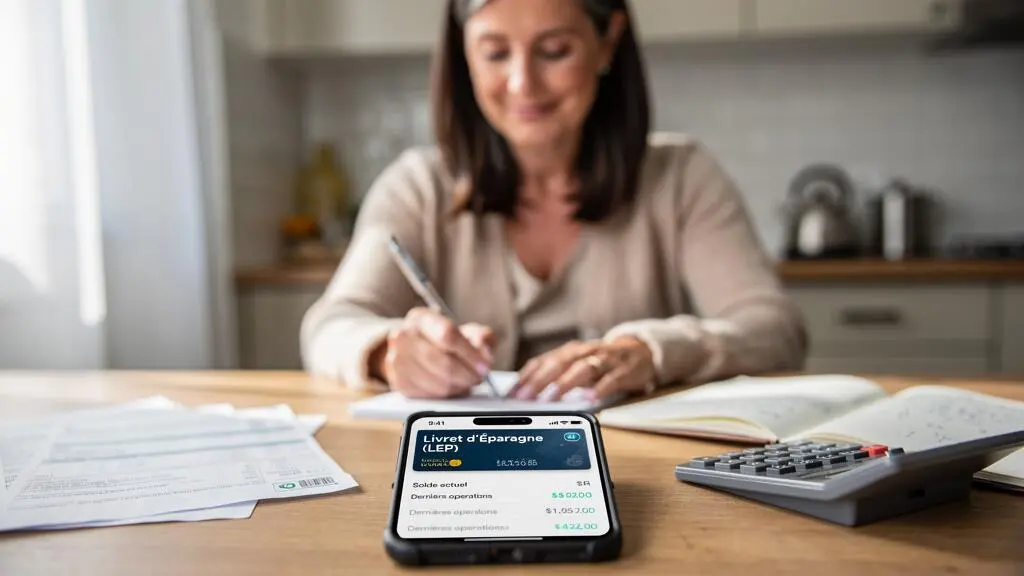 Femme dans la quarantaine assise à sa table de cuisine, gérant son budget personnel avec calculette, carnet de comptes et relevés bancaires