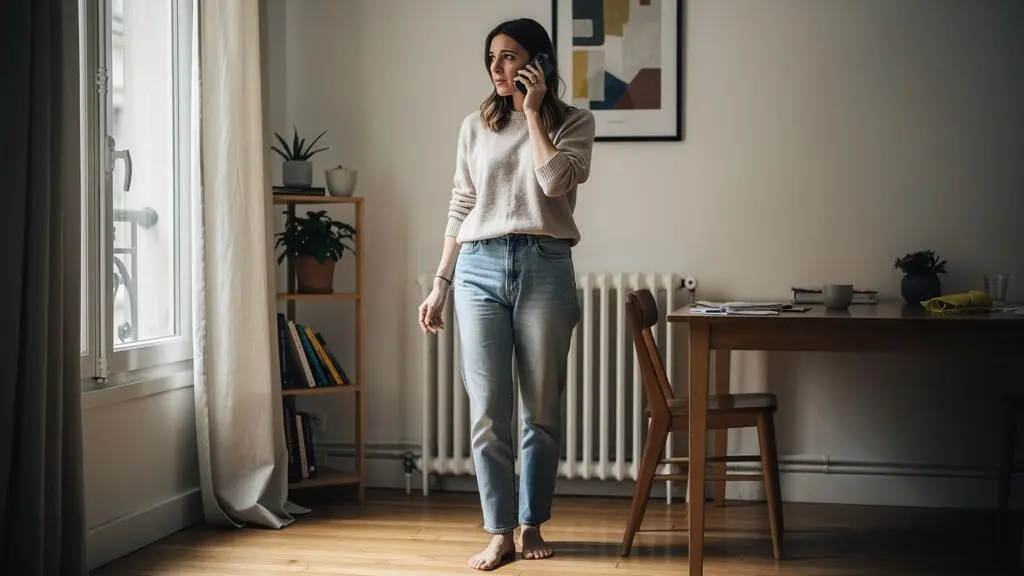 Jeune femme debout dans son appartement, au téléphone avec une expression préoccupée, dans une situation suggérant un imprévu du quotidien