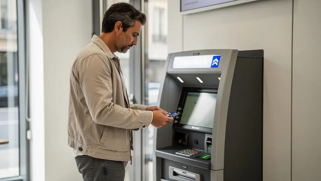 Homme dans la trentaine effectuant une opération bancaire à un distributeur automatique dans une agence bancaire française