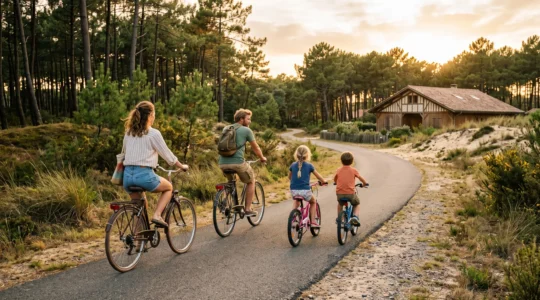 Une famille à vélo sur une piste cyclable bordée de pins devant une location de vacances dans les Landes au coucher du soleil