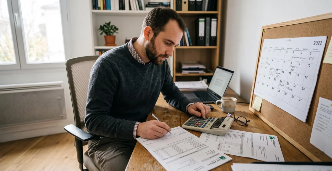 Un entrepreneur vérifie ses relevés bancaires et son calendrier d'encaissements au bureau.