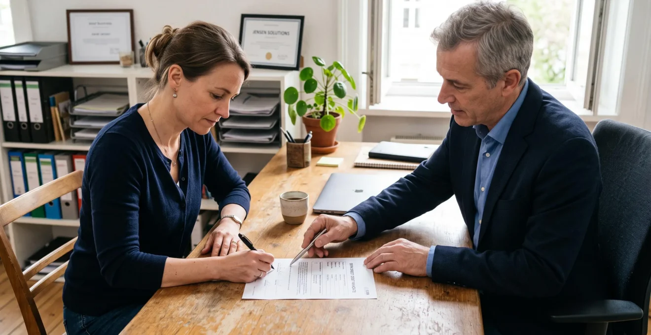 Une cliente signe un mandat de prélèvement présenté par un gestionnaire de compte.